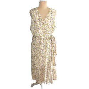 90's Vintage April Cornell Yellow Floral Pattern Wrap Midi Dress Boho Whimsy XL